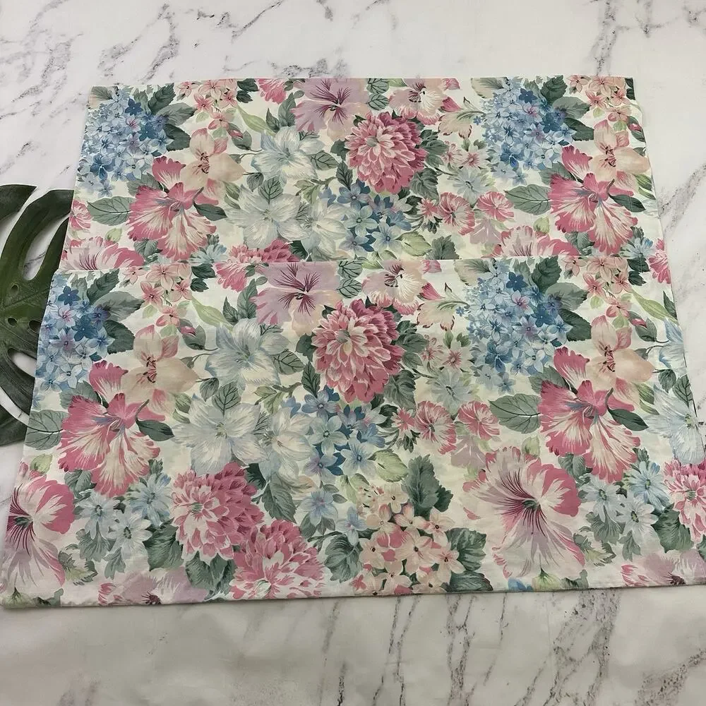 Vintage 90s King Size Pillowcases Set of 2 Green Pink Floral Cotton Poly Cottage